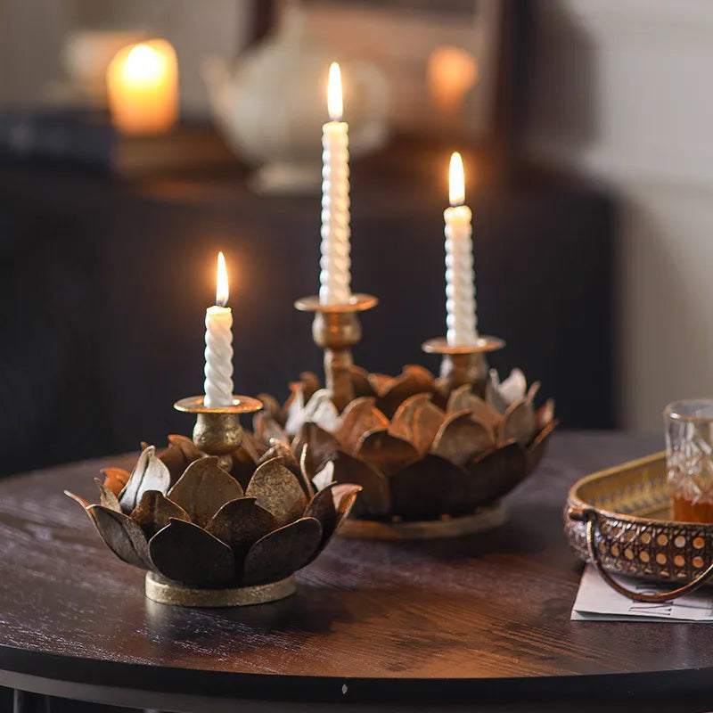 Retro Cast Iron Lotus Candlestick Holder – Medieval Vintage Candle Holder for Home, Meditation &amp; Temple Décor