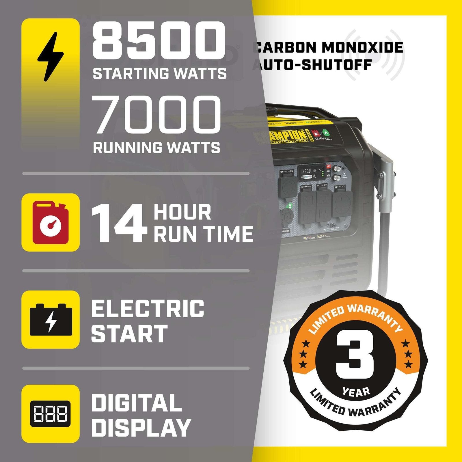 Champion Power Equipment, 8500/7000w Dual Fuel Inverter Generator Ele Start, Surge Watts 8500 Rated Watts 700 Voltage 120/240 Model# 201175 image 4