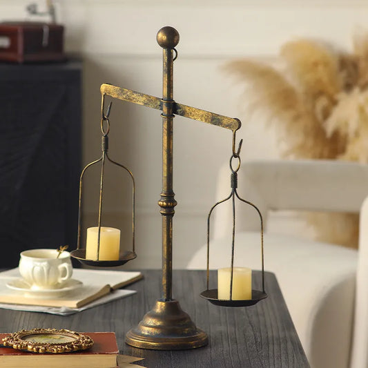 Libra Shaped Iron Candle Holder – Vintage Medieval Balance Scale Candlestick for Home, Wedding &amp; Table Décor