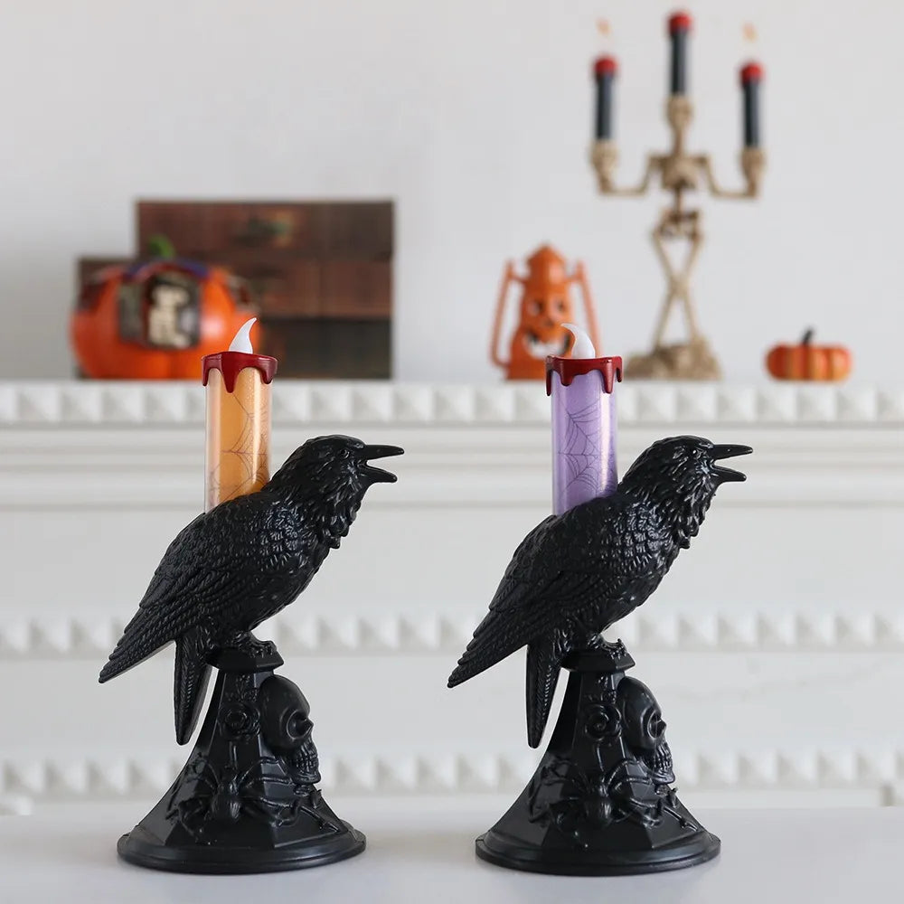 Halloween Crow LED Electronic Candle – Flickering Raven Candle Light for Spooky Home, Party &amp; Table Décor